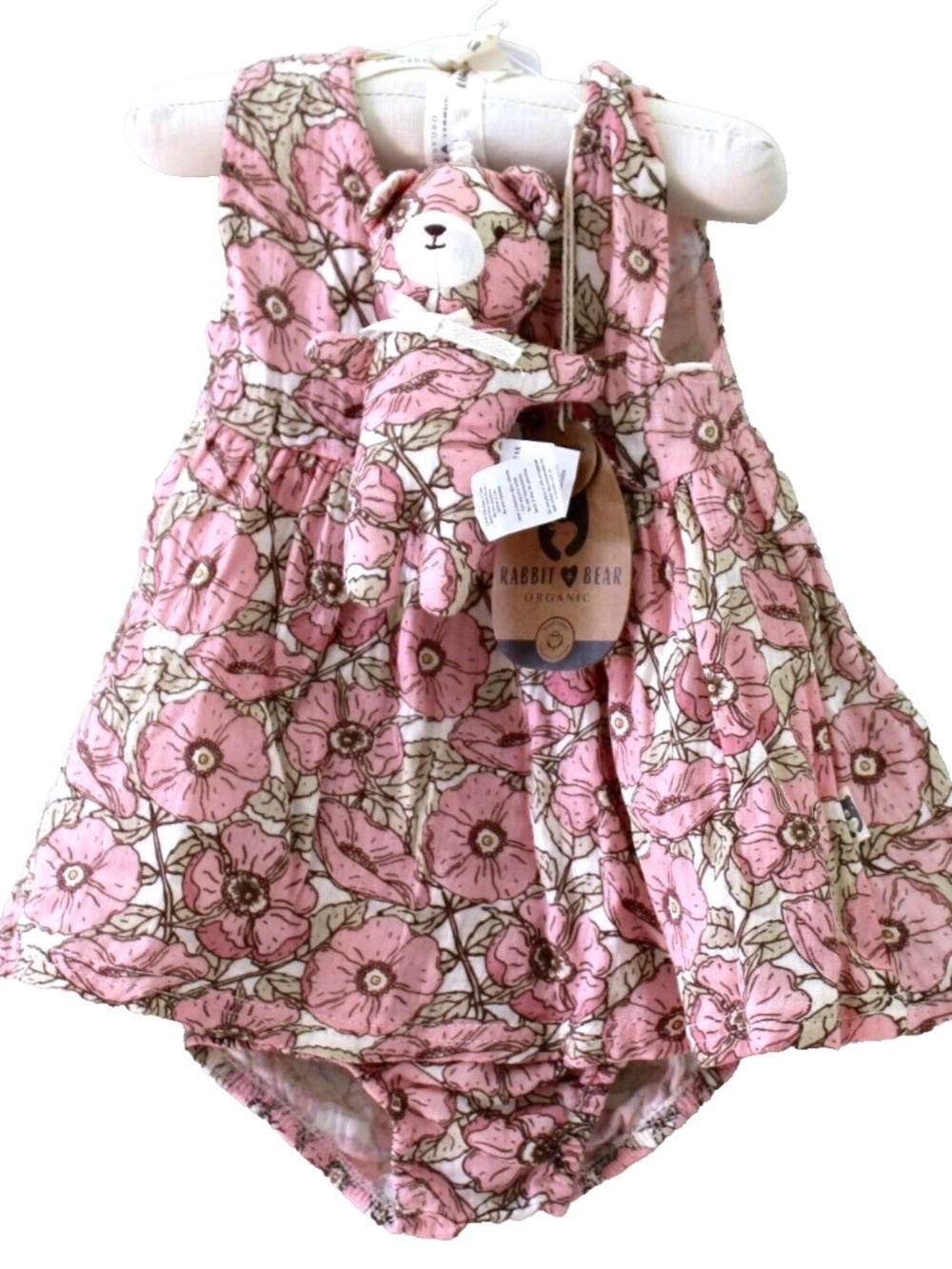 Rabbit + Bear Organic Pink Floral Cotton Dress Diaper Cover & Plush Size 6-9 M
